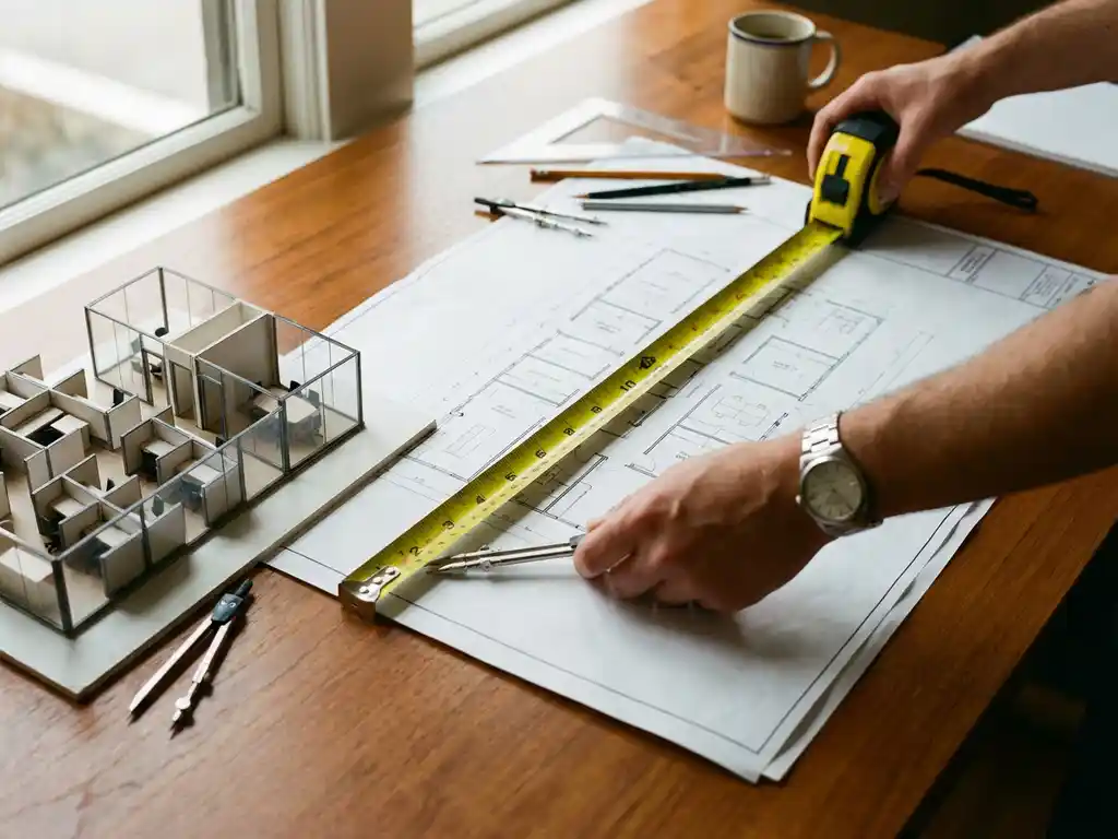 Architect measuring blueprint with tape measure on wooden desk, surrounded by drafting tools and office floor plan model