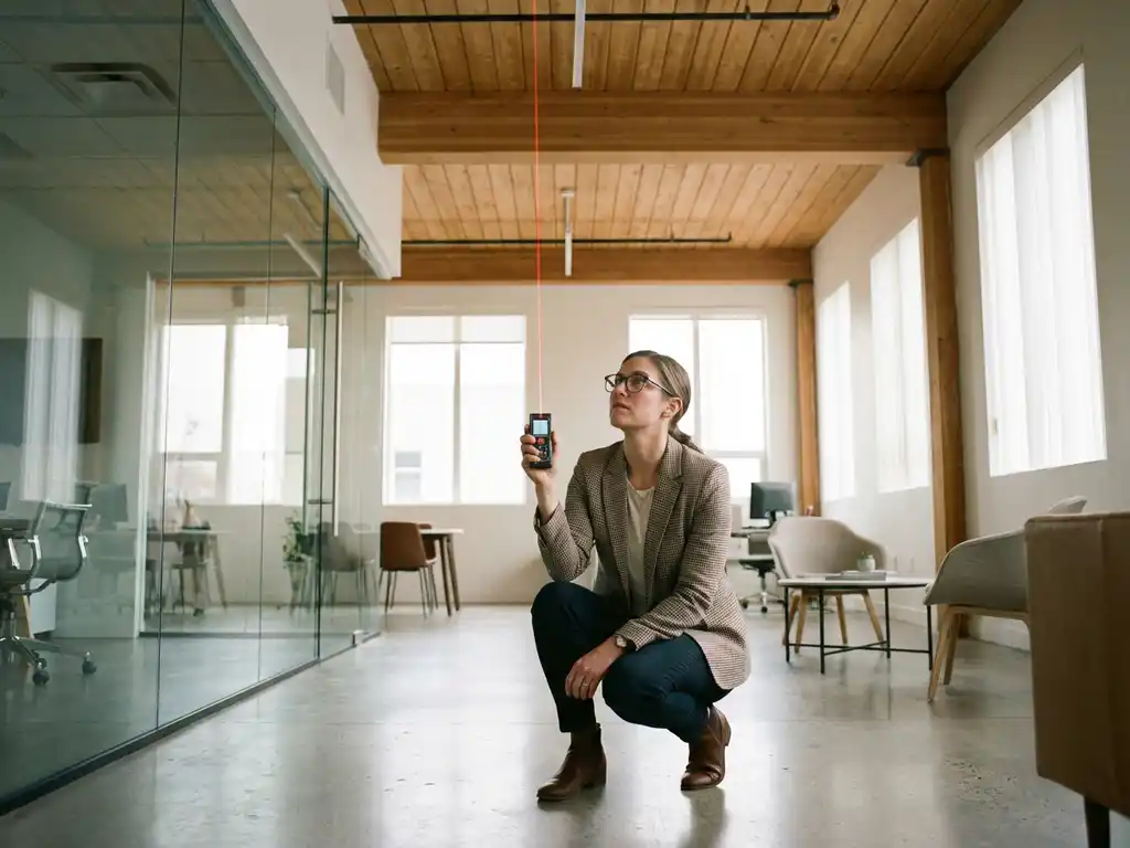 Professional architect using laser measuring device to measure ceiling height in modern commercial office space with glass partitions.