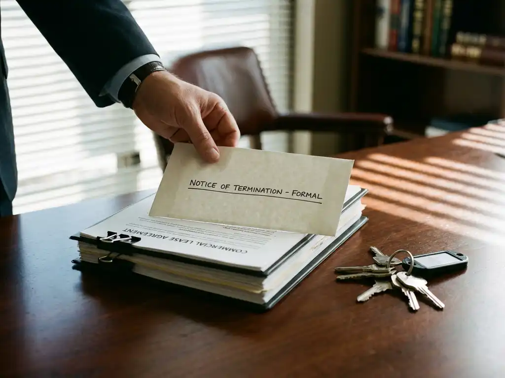 Businessman placing termination letter on stack of commercial lease documents with office keys on wooden desk