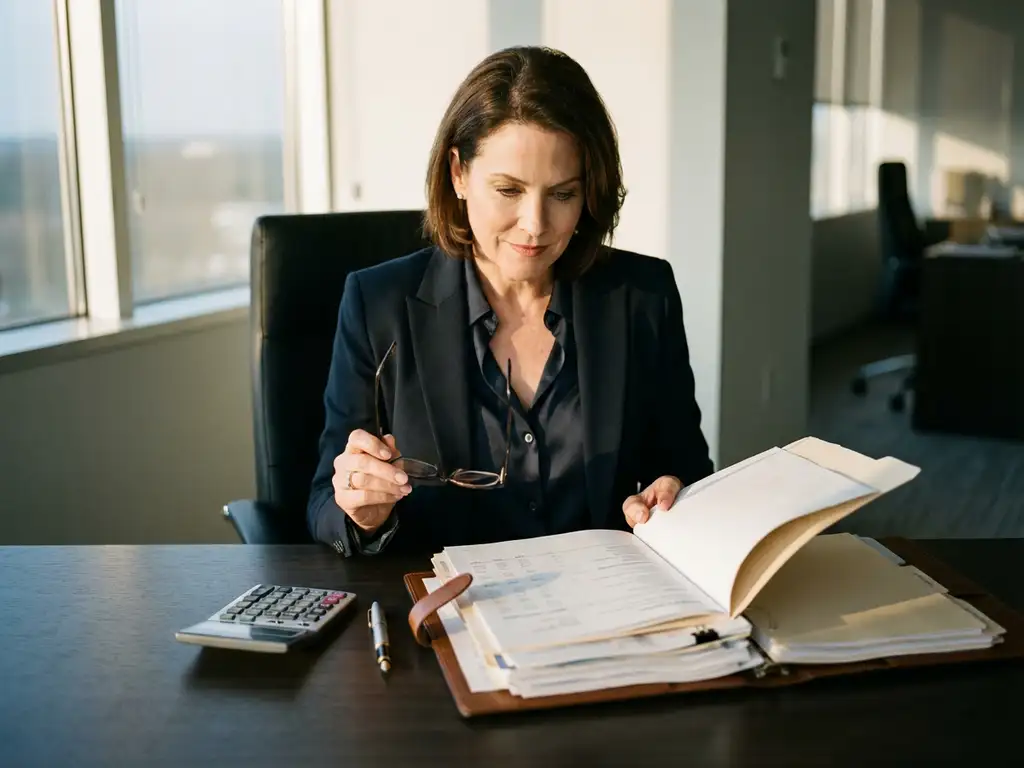 Businesswoman in suit reviewing tax documents and receipts at modern office desk with calculator and natural lighting.