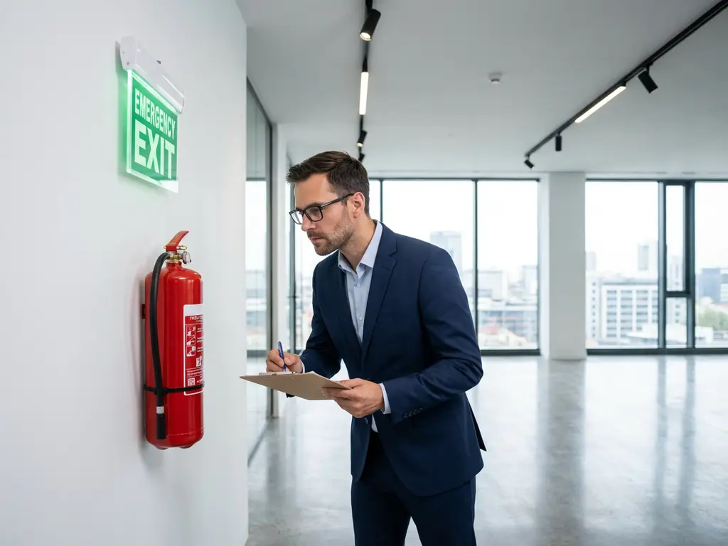 Professional business inspector in navy suit examining office safety equipment with clipboard in modern workspace