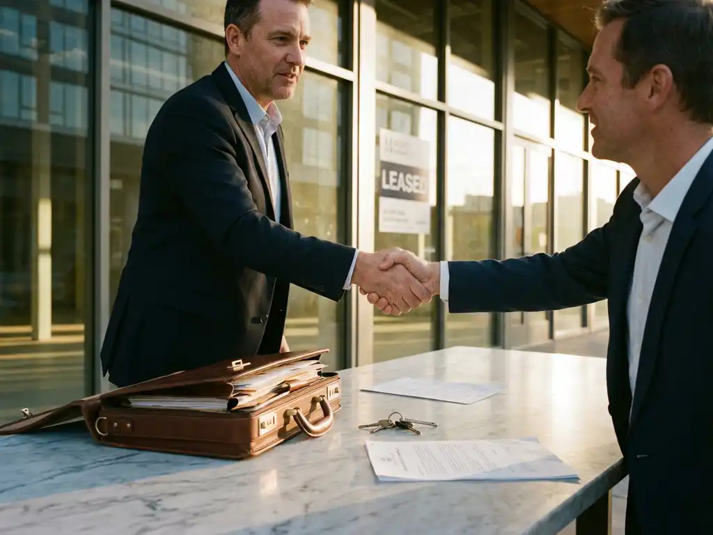 Landlord and tenant shaking hands in front of modern commercial storefront with rental contracts and keys on marble table