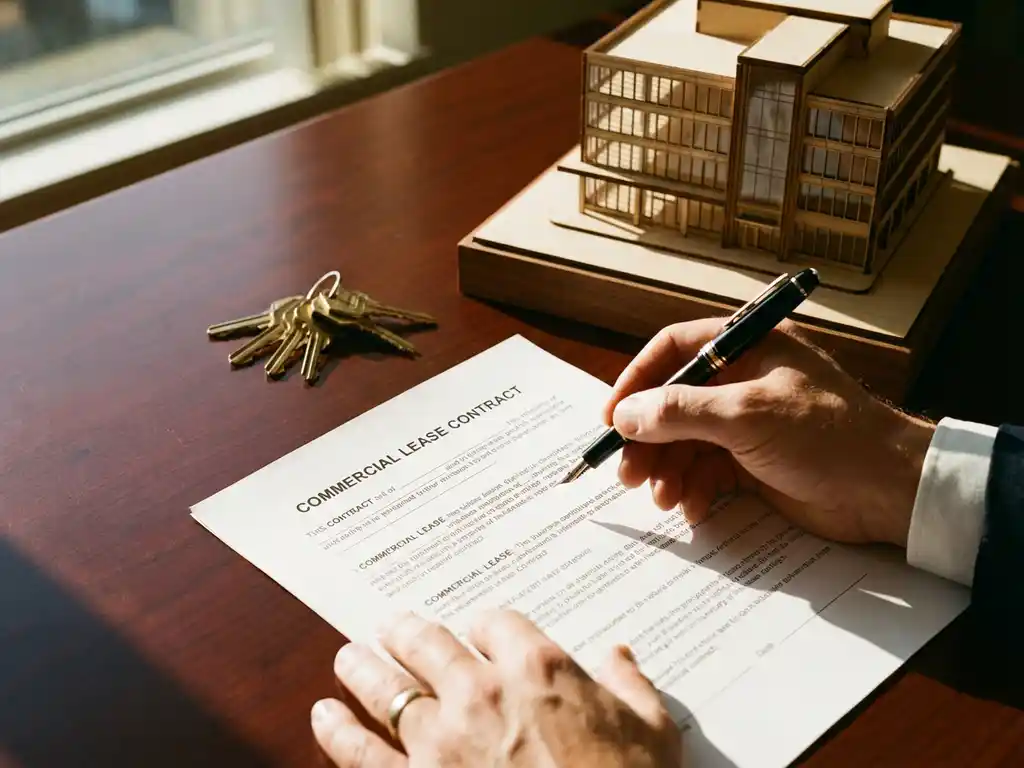 Businessman's hand holding pen over commercial lease contract on mahogany desk with office keys and building model nearby