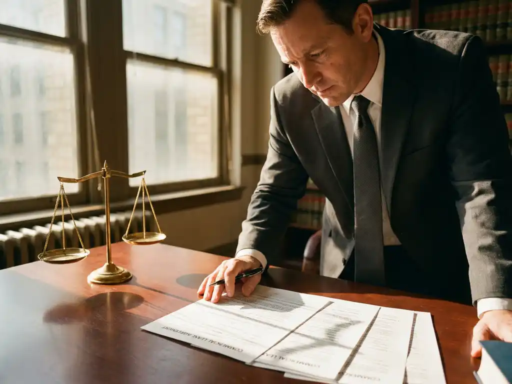 Businessman reviewing commercial lease contract at desk with scales of justice, sunlight streaming through office windows