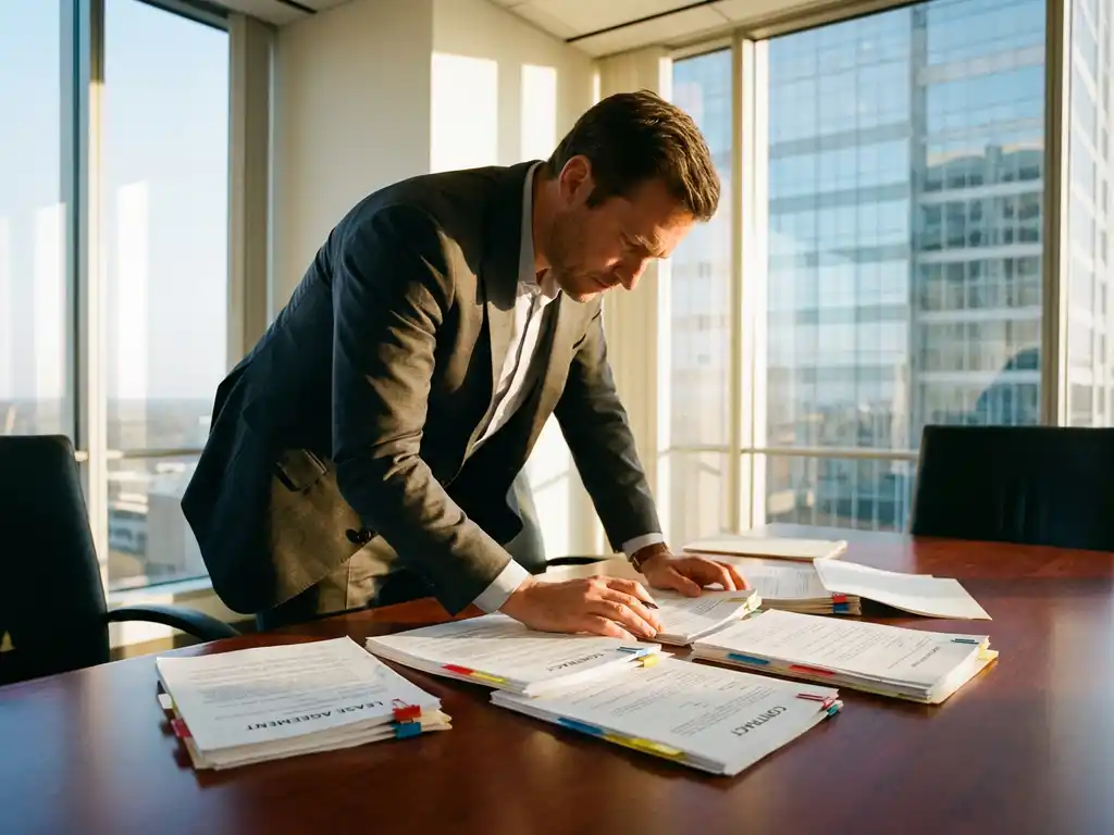 Businessman reviewing contract documents and lease agreements on conference table in modern office with city view