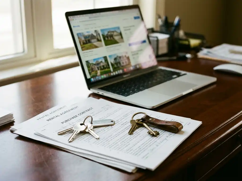 Two sets of house keys on real estate documents at agent's desk with laptop showing property listings in background