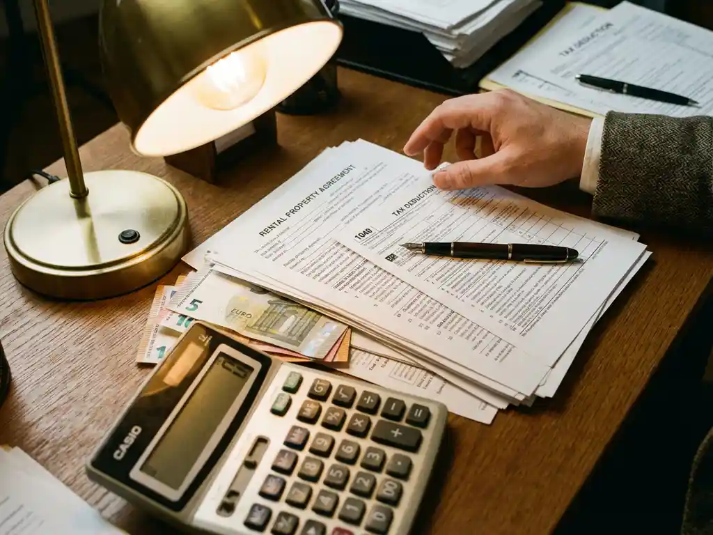 Accountantsbureau met huurcontract, rekenmachine en belastingformulieren op bureau met euro bankbiljetten