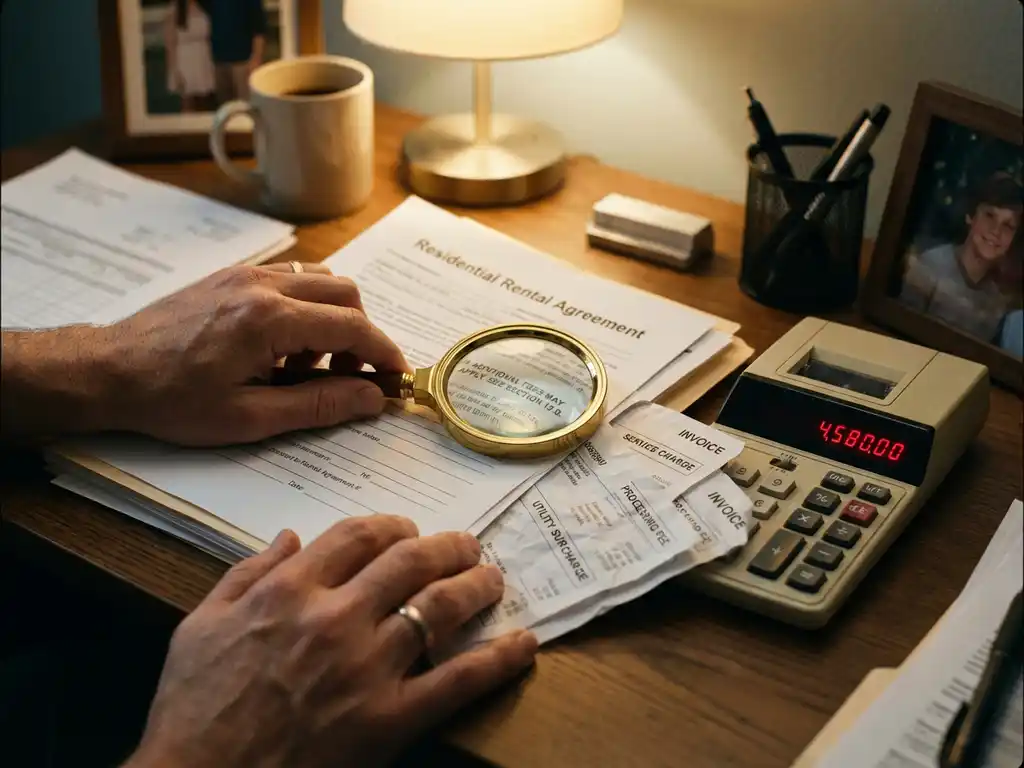 Real estate agent's desk with rental contract, hidden fee invoices, calculator, and magnifying glass examining fine print