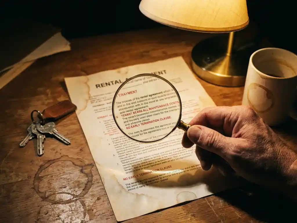 Hand holding magnifying glass over rental contract with red-highlighted fine print, house keys and coffee stains on wooden desk