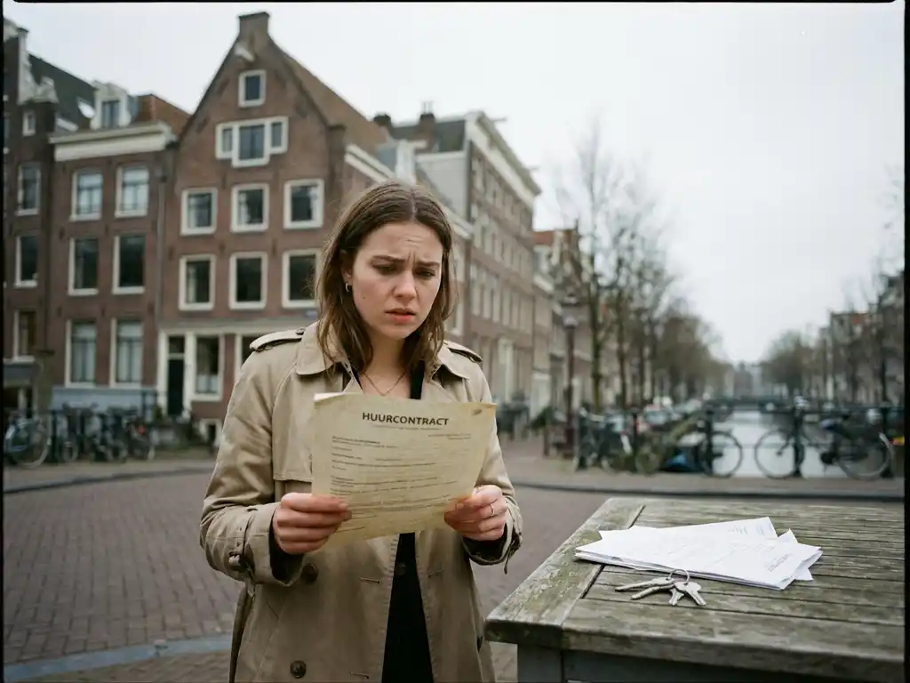 Bezorgde jonge professional houdt huurcontract vast voor Amsterdams grachtenpand met juridische documenten op tafel