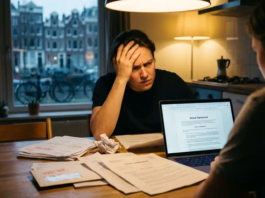 Bezorgde persoon aan keukentafel omringd door huurcontracten en onbetaalde rekeningen, hoofd in handen bij laptop