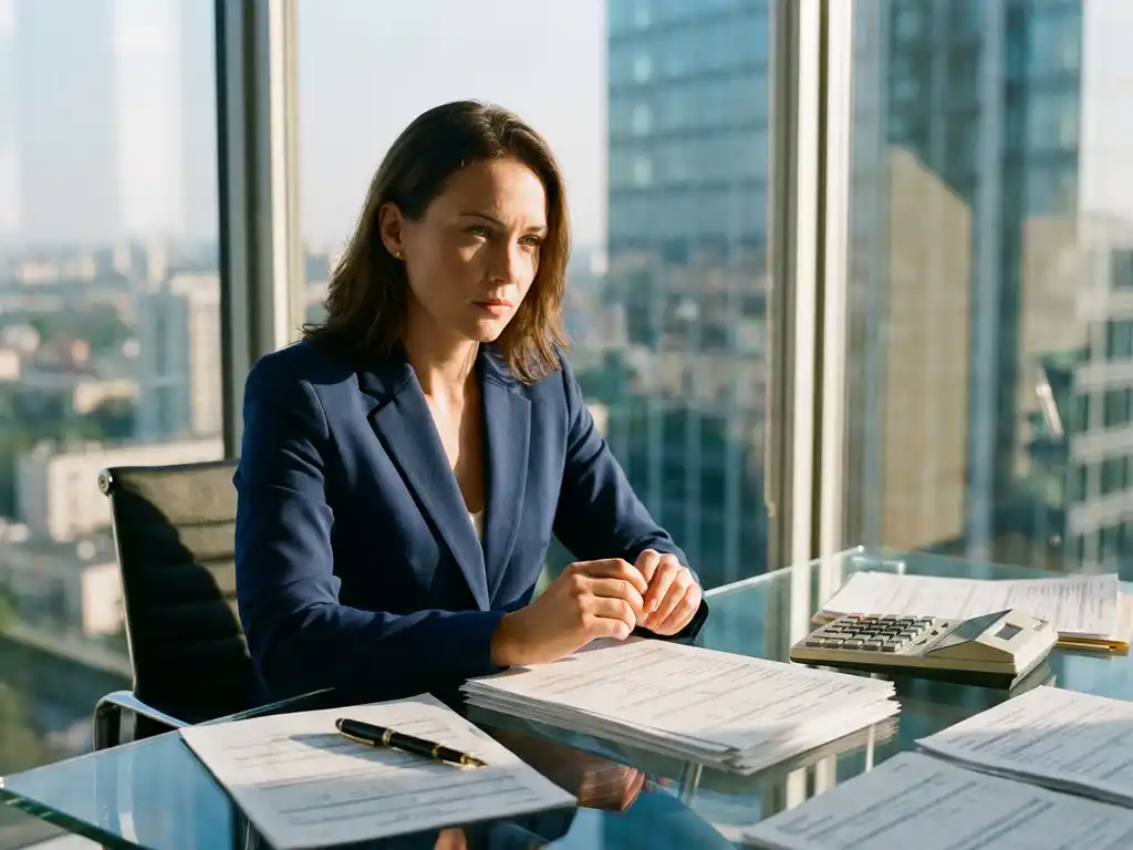 Businesswoman reviewing rental cost documents with calculator at glass desk in modern office