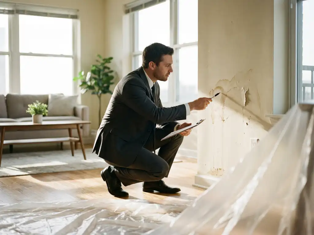 Professional rental agent in business suit examining water damage on apartment wall, pointing at discolored plaster with clipboard in hand.