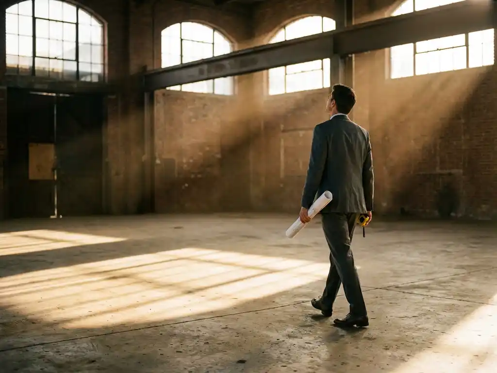 Business professional in suit inspecting empty industrial warehouse with high ceilings, holding plans and measuring tape