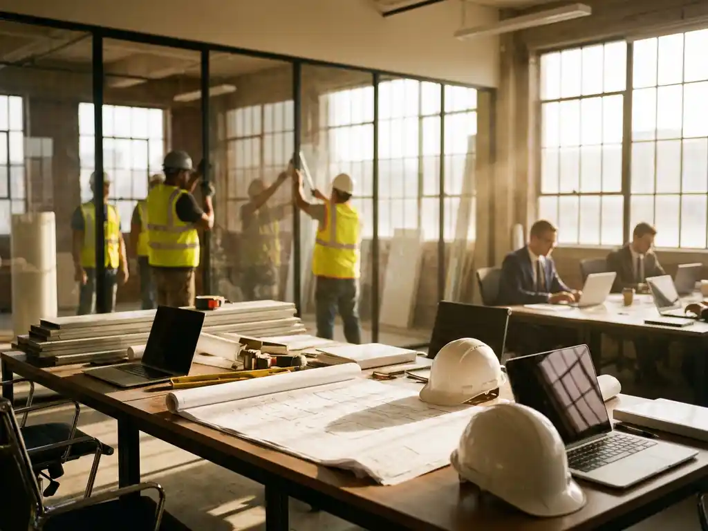Architectural blueprints on conference table in modern office during construction with workers installing glass walls