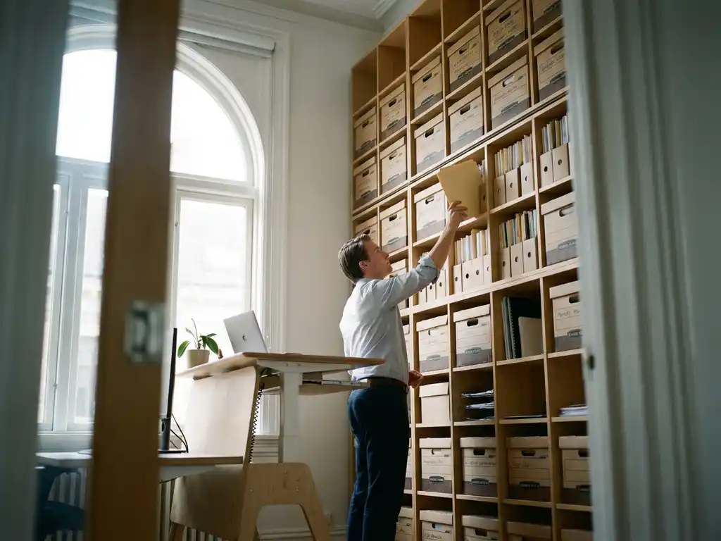 Businessperson organizing files in tall vertical filing system in cramped office with ergonomic desk and natural lighting