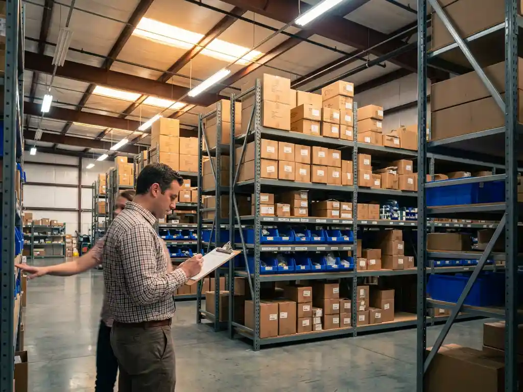 Business professional checking inventory on clipboard in organized warehouse with tall shelving units and cardboard boxes