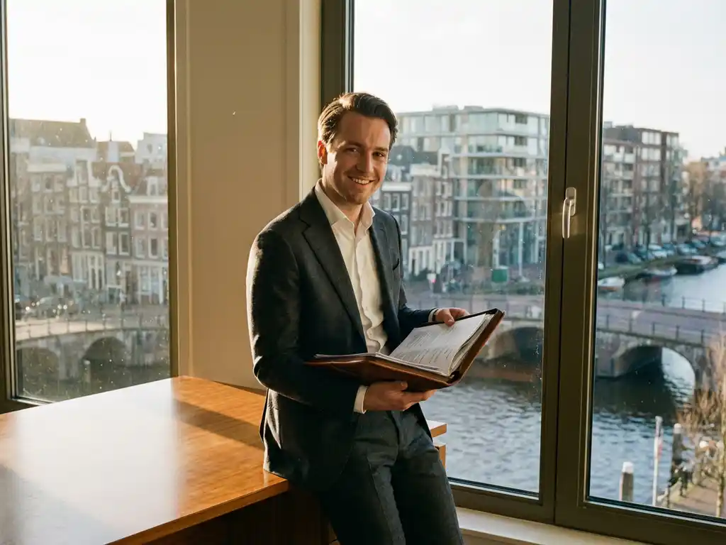 Professionele makelaar in pak met portfolio voor raam met uitzicht op Amsterdamse grachtenhuizen en moderne appartementen