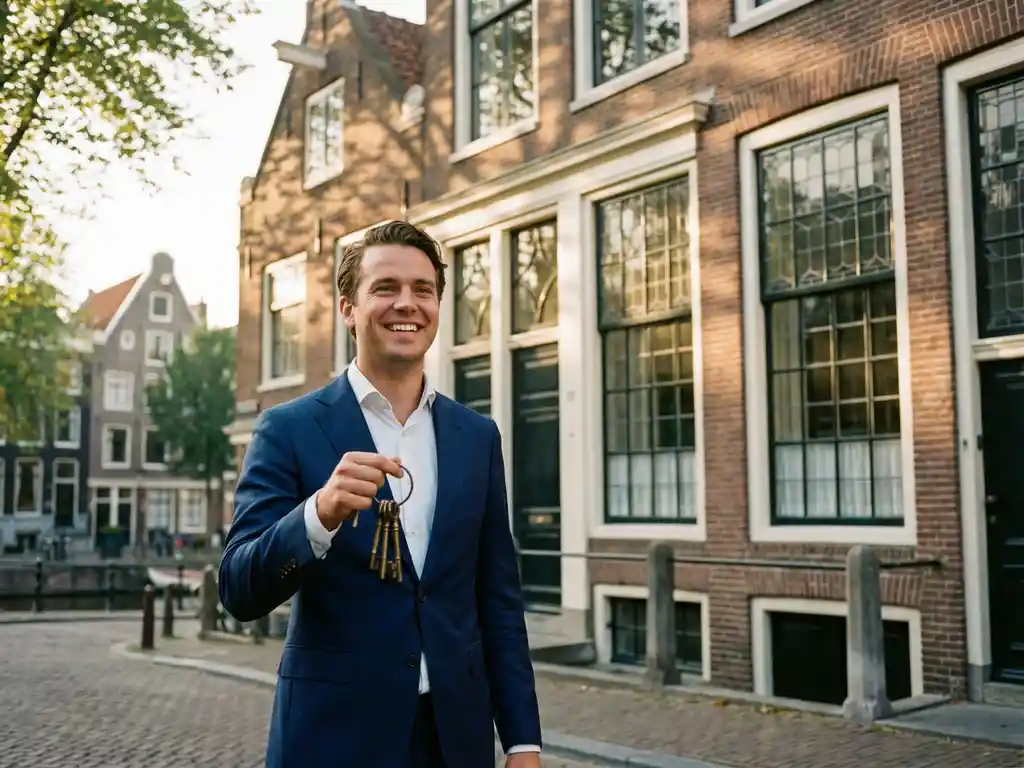 Professionele makelaar in marineblauw pak met huissleutels voor klassiek Amsterdams grachtenpand met historische gevel