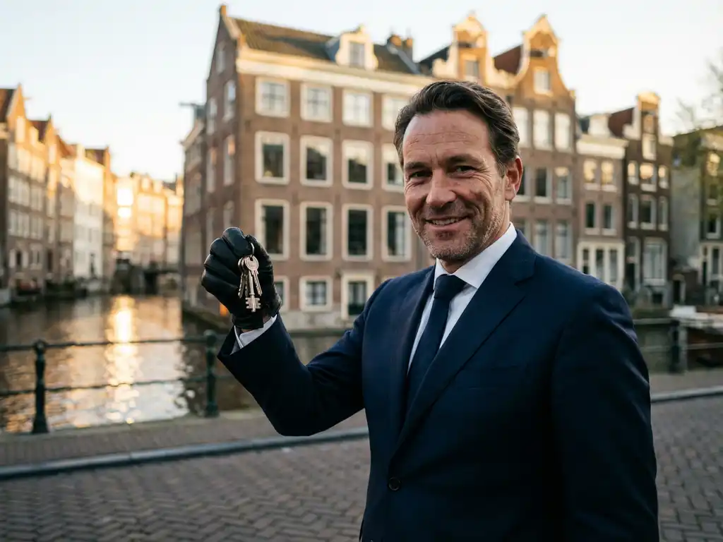 Professionele makelaar in marineblauw pak houdt sleutels vast voor Amsterdams grachtenpand met gouden zonlicht
