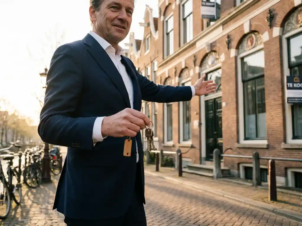 Professionele makelaar in marineblauw pak toont sleutels voor historisch Amsterdams grachtenpand met trapgevel