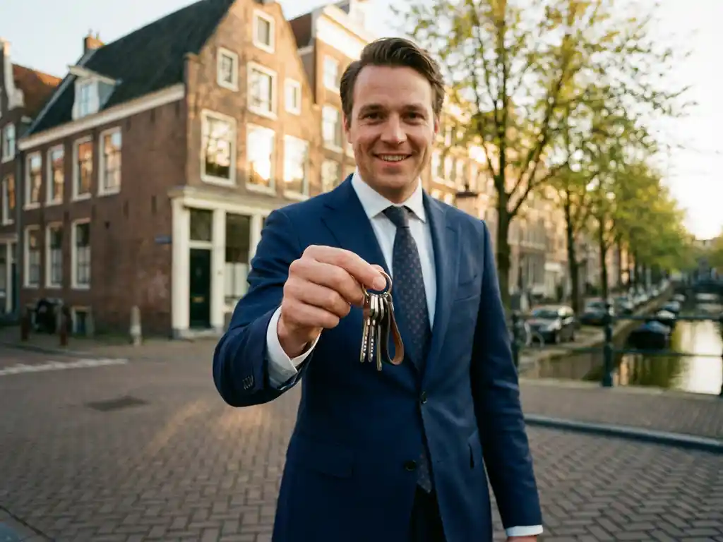 Professionele makelaar in marineblauw pak houdt appartementsleutels vast voor klassiek Amsterdams grachtenpand