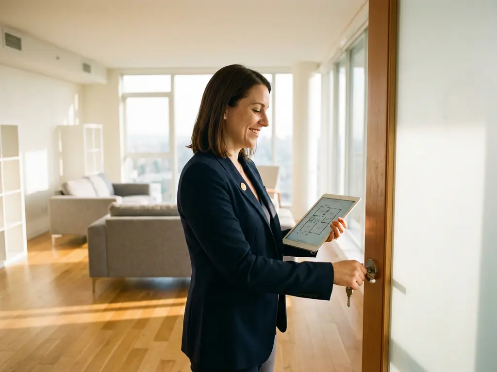 Professional real estate agent unlocking modern apartment door while holding tablet and keys in sunlit interior