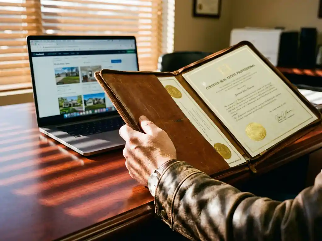 Real estate agent holding leather portfolio with certification documents at desk with laptop showing property listings