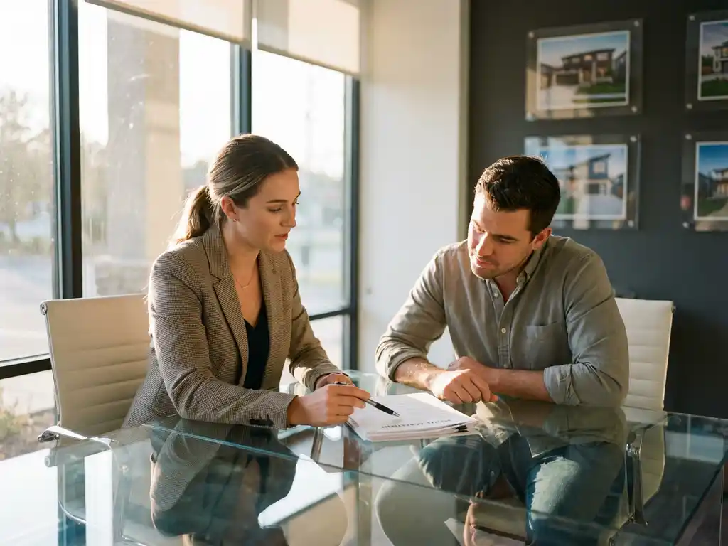 Real estate agent and client reviewing rental documents together at modern office desk with natural lighting