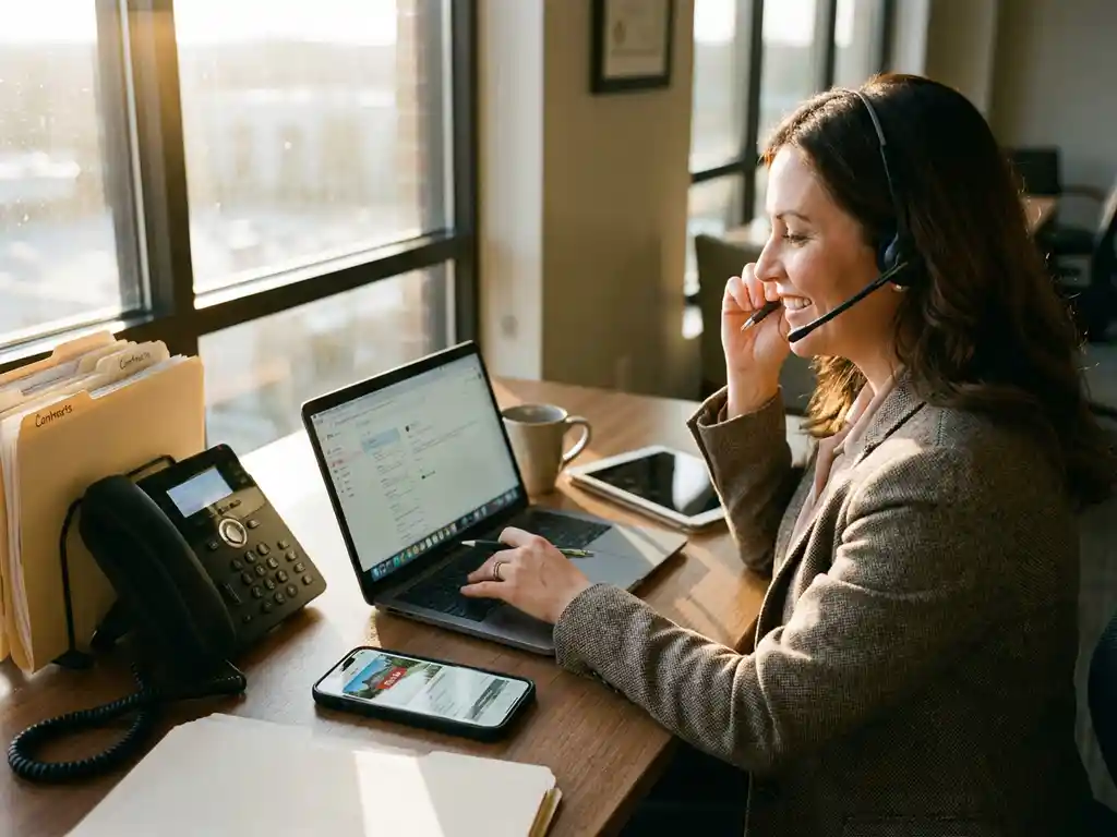 Real estate agent at desk using headset with smartphone, laptop, and property documents in modern office