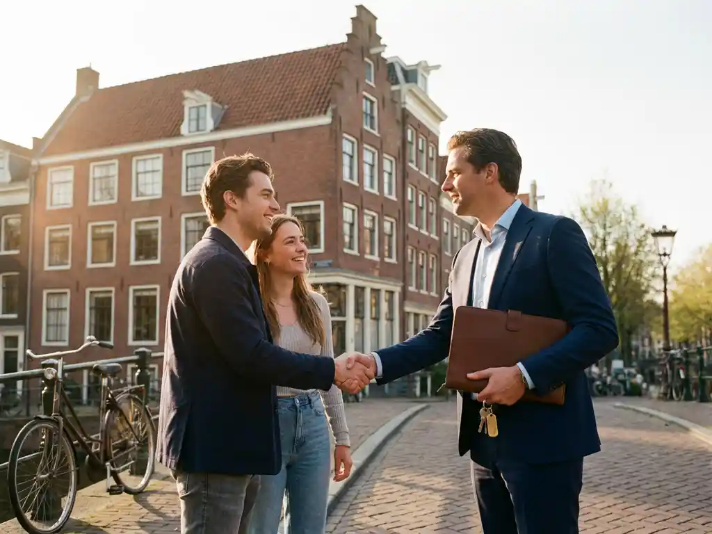 Makelaar schudt handen met jong koppel voor Amsterdams grachtenpand met trapgevel en rode bakstenen gevel