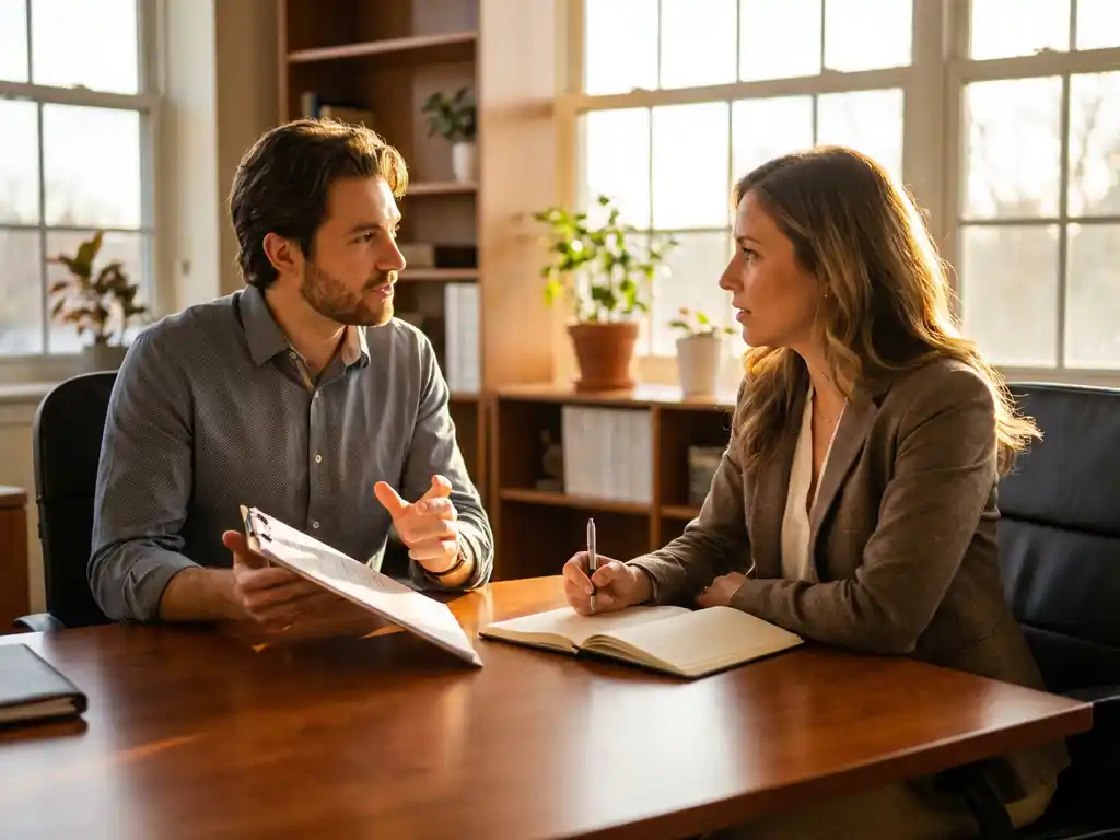 Real estate agent consulting with tenant at desk, reviewing rental documents in sunlit office