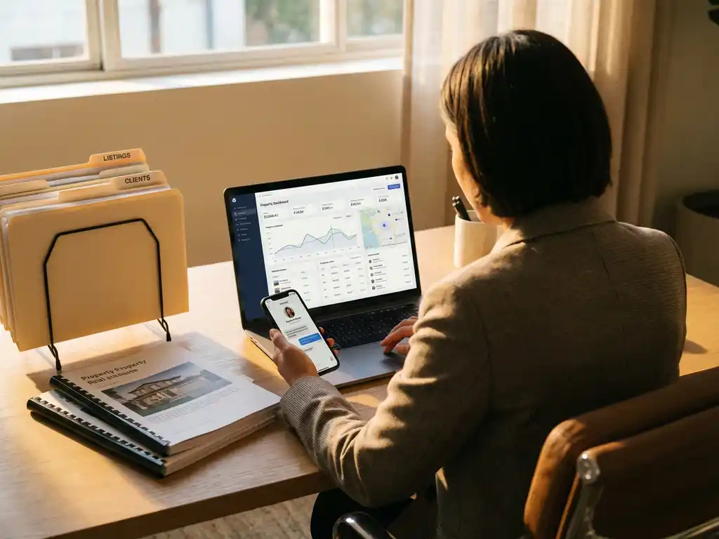 Professional real estate agent at desk reviewing property reports on laptop while using smartphone client app