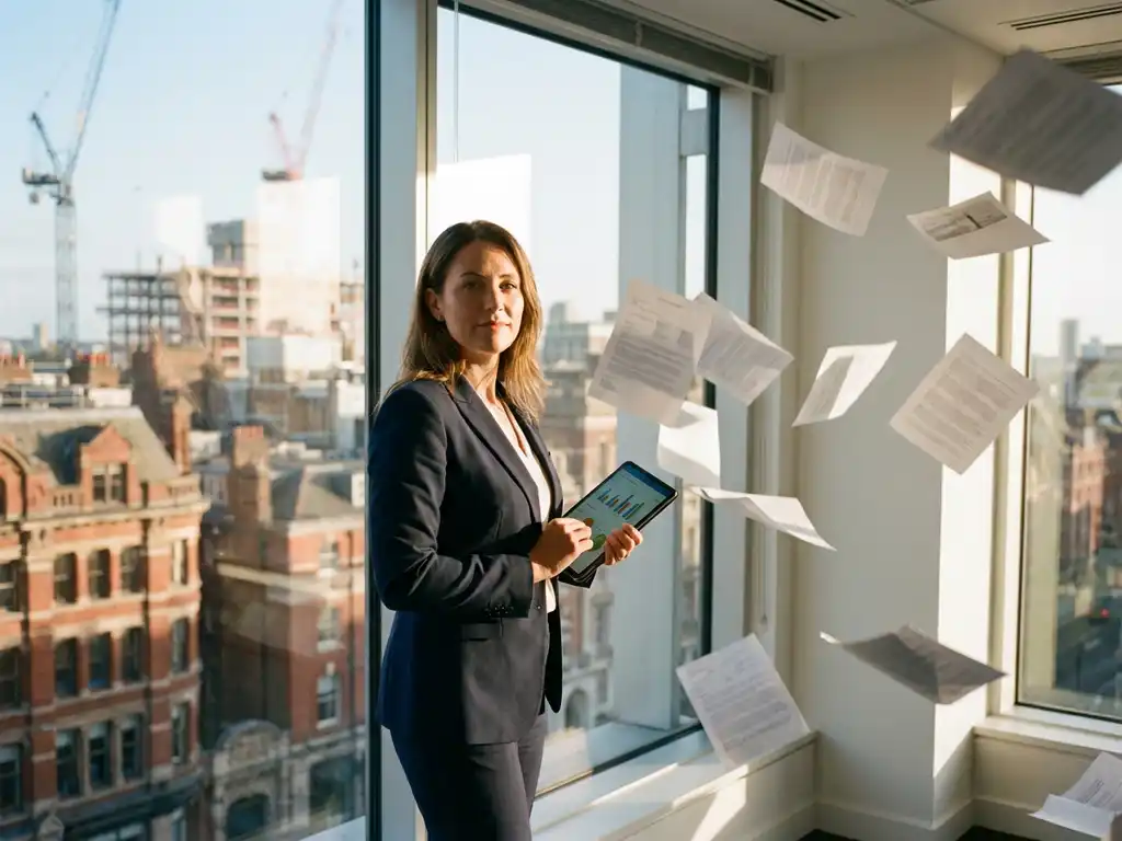 Professional real estate agent in business suit holding tablet with market graphs in modern office with cityscape view