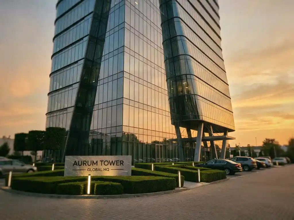 Modern glass office building with geometric landscaping and professional signage in business park during golden hour