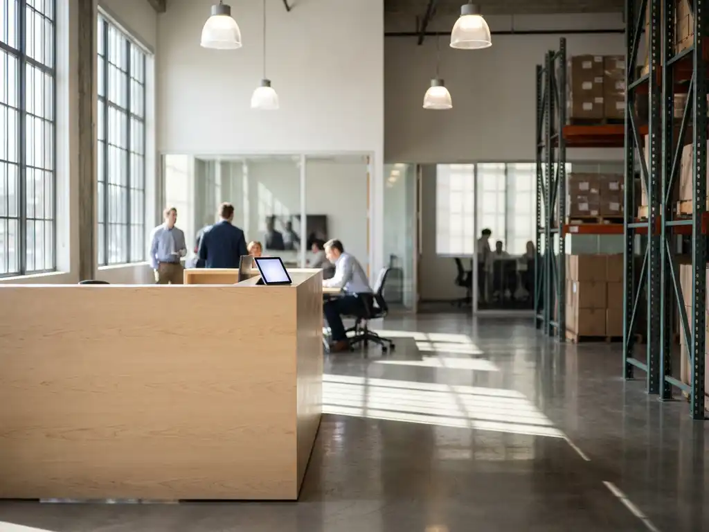 Modern open-plan office with glass conference rooms, reception desk, and industrial shelving in bright workspace