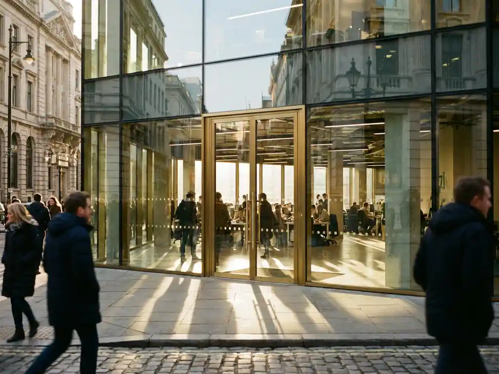 Modern glass office building storefront with floor-to-ceiling windows, busy interior visible, pedestrians on cobblestone street