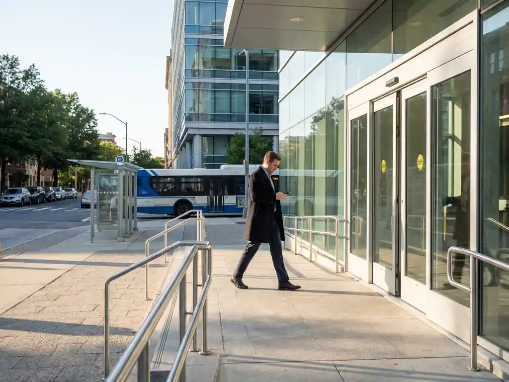 Modern glass office building entrance with accessibility ramps and businessman walking toward automatic doors