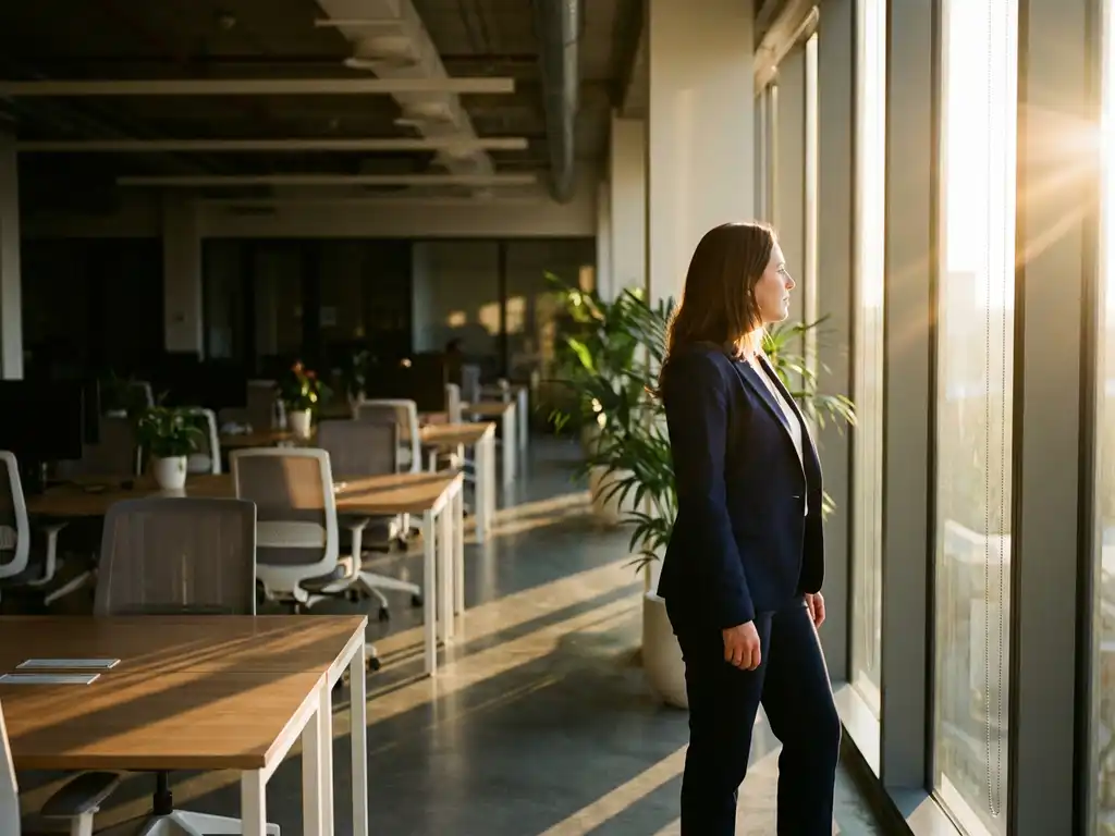 Professional businesswoman in tailored blazer examining bright modern office with floor-to-ceiling windows and natural sunlight.