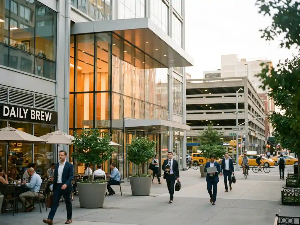 Modern glass office building entrance with coffee shop, pedestrians with briefcases, and urban greenery at golden hour.