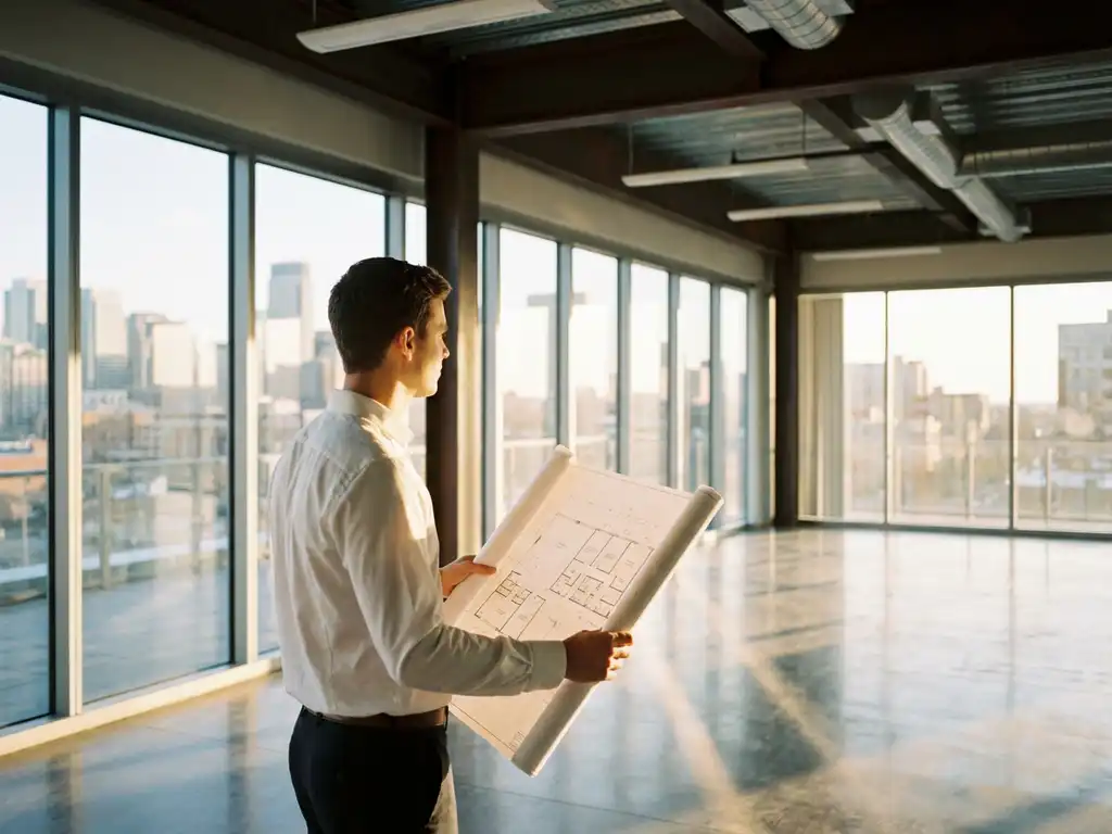 Young entrepreneur holding floor plans in modern office space with floor-to-ceiling windows and natural lighting