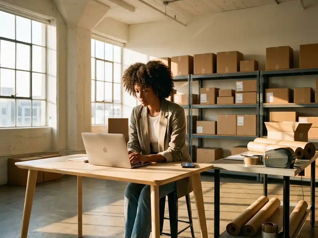 Entrepreneur working on laptop in bright warehouse office with shipping boxes and packaging materials on shelves