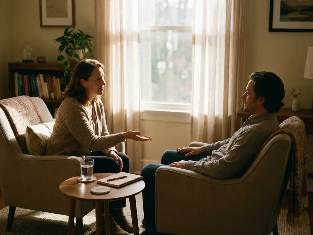 Therapist and client sitting in comfortable chairs during counseling session in warm, naturally lit consultation room