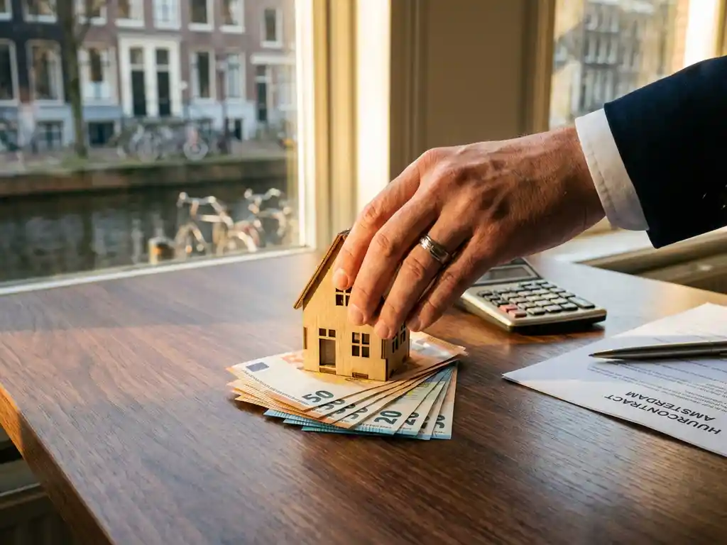 Makelaar plaatst houten huismodel op stapel eurobiljetten met Amsterdam grachtenhuizen op achtergrond