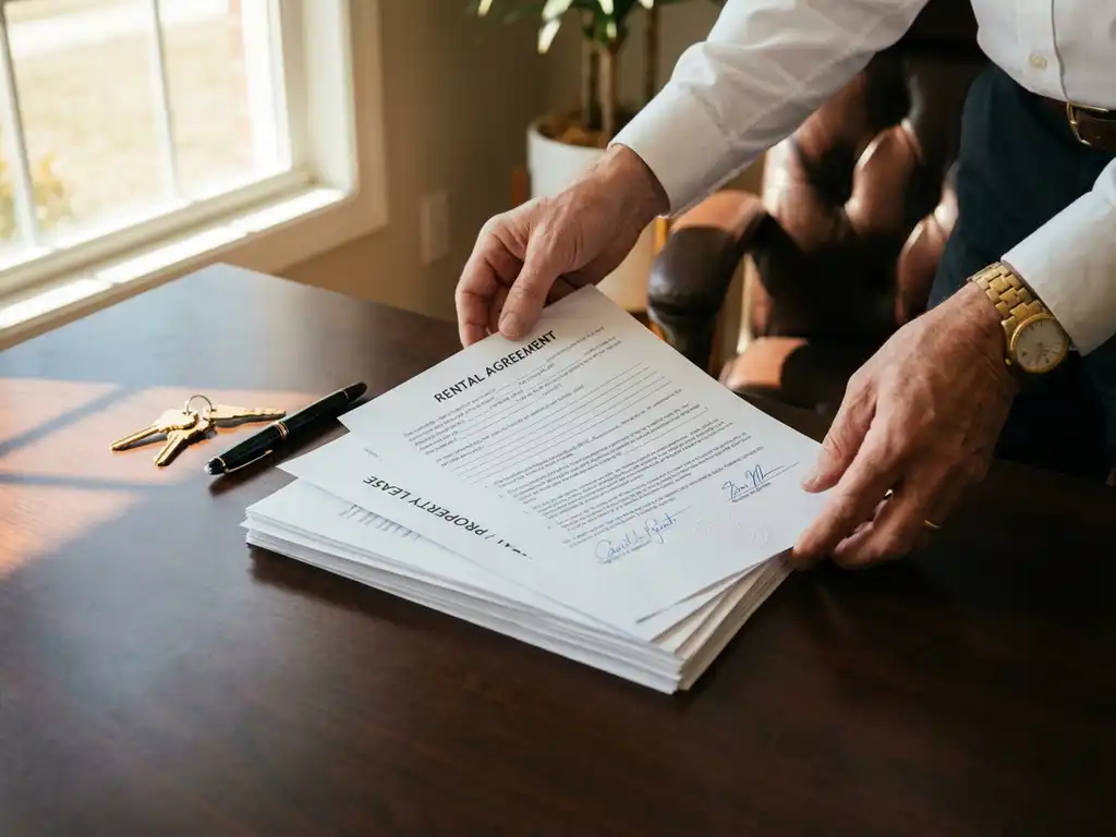 Real estate agent organizing rental documents on wooden desk with house keys and pen in natural lighting