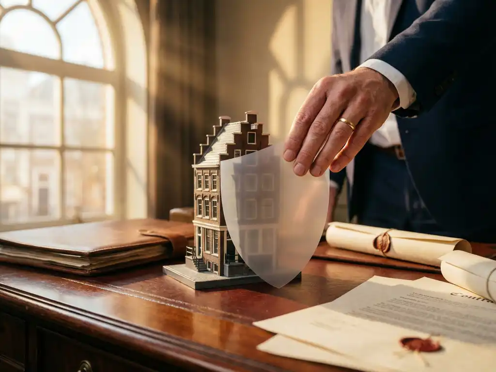 Makelaar plaatst beschermend document over Amsterdams grachtenpand model op bureau met contracten