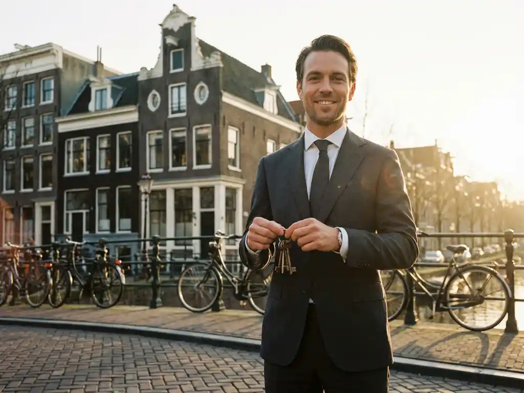 Professionele makelaar met appartementsleutels voor klassiek Amsterdams grachtenpand met trapgevel
