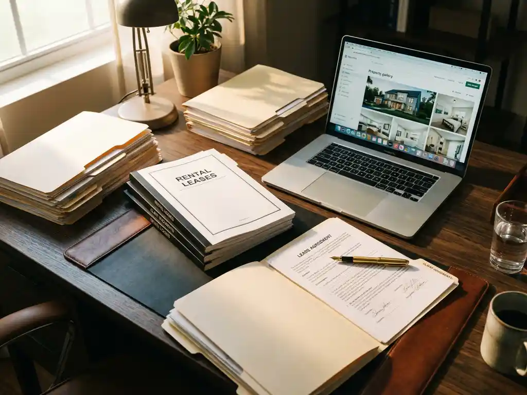 Real estate agent's desk with rental contracts, property listings on laptop, and fountain pen on lease agreement