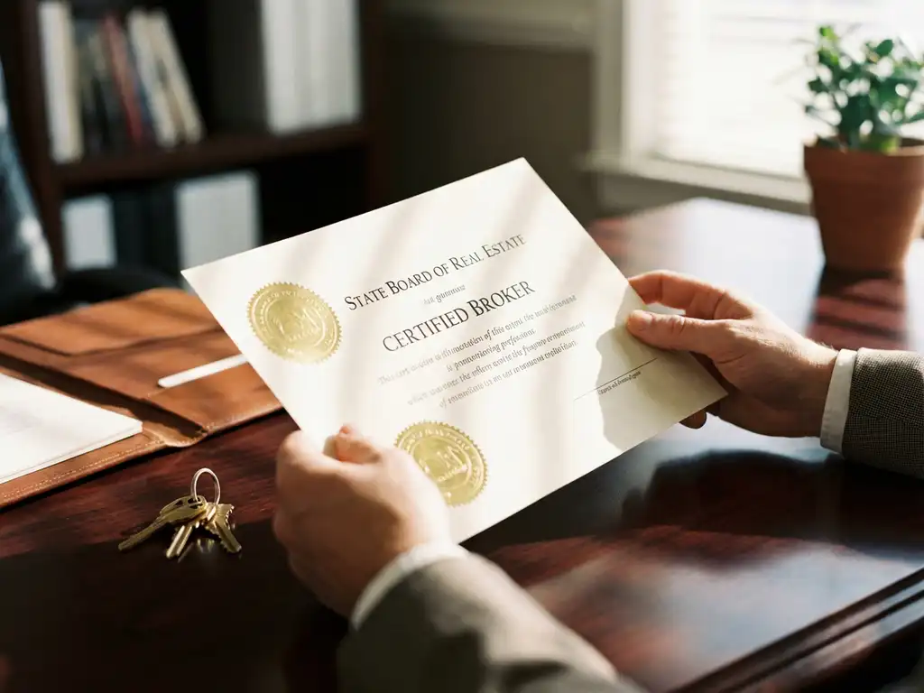 Real estate agent holding professional certification document on mahogany desk with house keys and leather portfolio