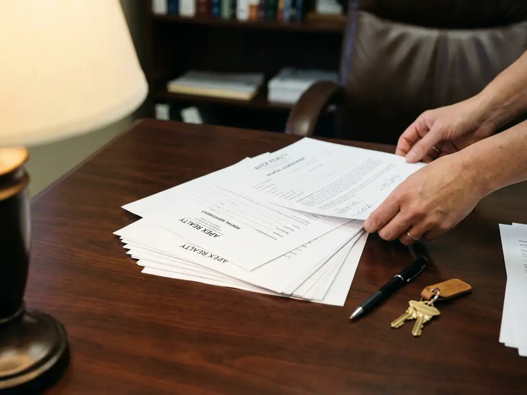 Real estate agent organizing rental documents on wooden desk with pen and house keys in professional office setting